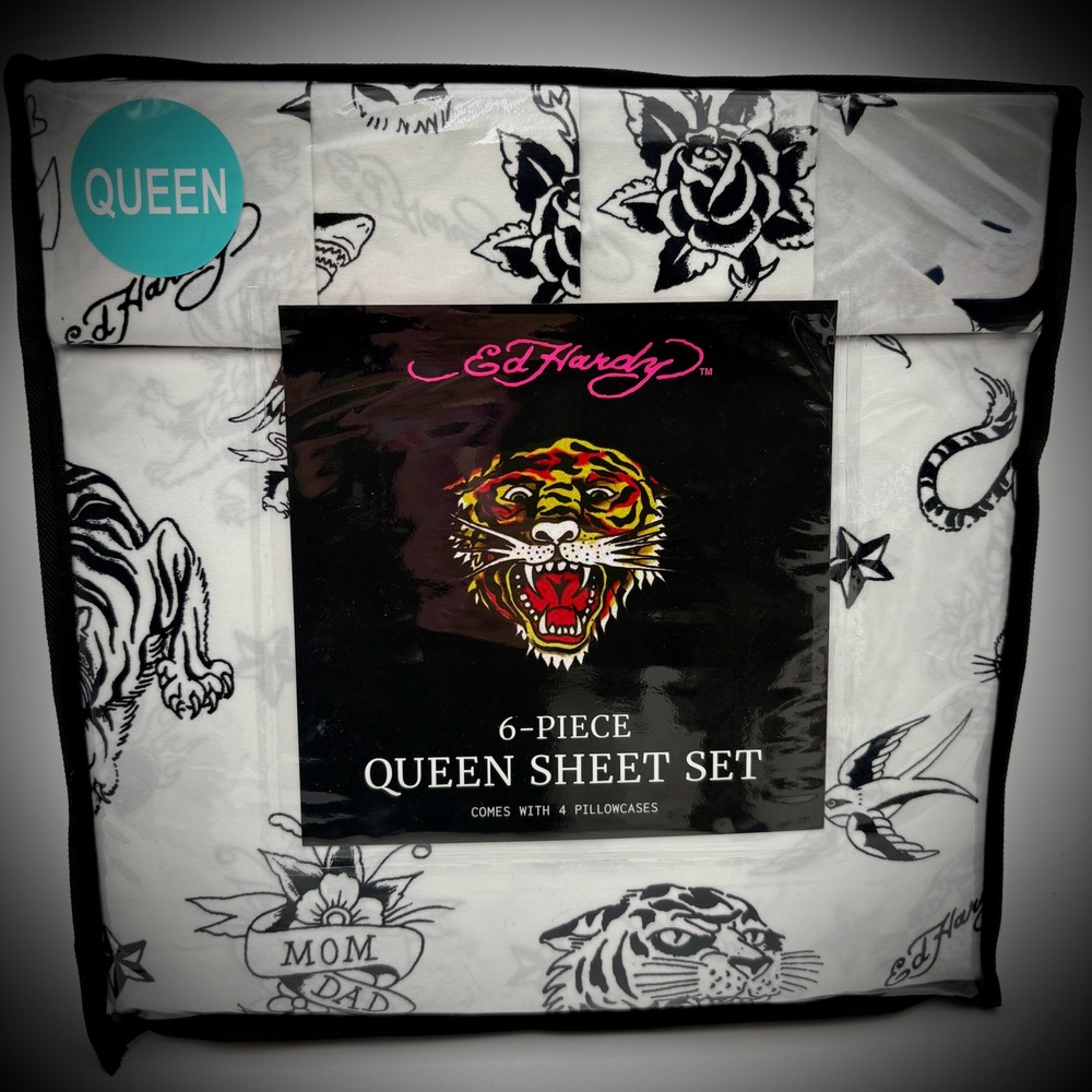 Ed Hardy Queen Sheet Set 6 Piece Tattoo Tiger Rose Bedding‎ New